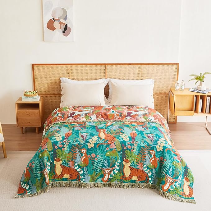 MSGKV Throw Blanket for Bed Cotton Animals Twin Size Couch Blanket 60"x80" Muslin Spring Breathable Lightweight Farmhouse Blankets Home Decor All Seasons