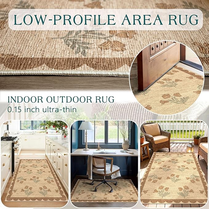 3x5 Floral Entry Rug - Small Washable Indoor Outdoor Mats for Front Door Non-Slip Jute-Look Porch Rug Boho Tan Scalloped Throw Rugs for Living Room Bedroom Entryway Kitchen Office Porch Decor