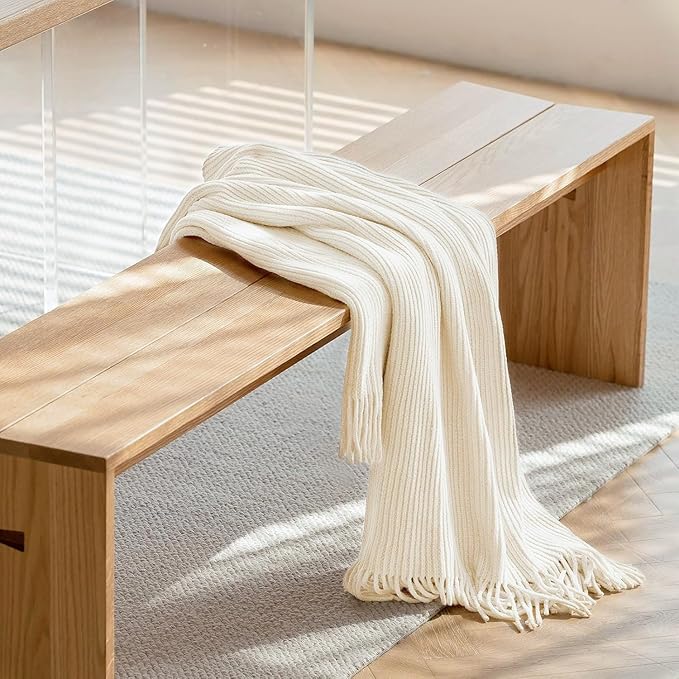 lifein Throw Blanket for Couch, Soft Boho Decor Bed Throw,Cozy Blue Chenille Knitted Small Farmhouse Lightweight Throw for All Season(Off White,50 * 60")