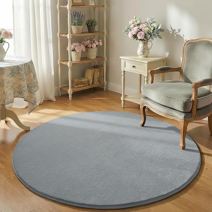 Amearea Grey Round Area Rugs 5ft Washable Circle Rugs for Bedroom Living Room, Fluffy Indoor Thickened Memory Foam Rug, Non Slip Minimalist Circular Carpet for Kids Boys Girls Dorm Nursery Room Decor