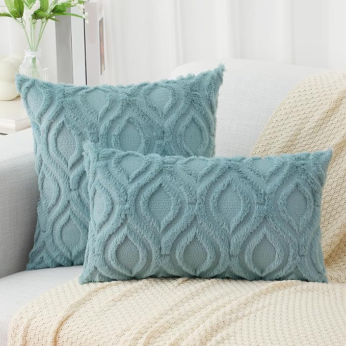 decorUhome Summer Throw Pillow Covers 12x20 Inch Set of 2, Soft Plush Faux Wool Aqua Solid Couch Pillow Covers, Accent Farmhouse Neutral Rectangle Pillow Cases for Sofa Bed Living Room