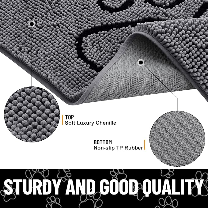 Smiry Dog Door Mat for Muddy Paws, Absorbent Dirt Trapper Non Slip Quick Dry Washable Chenille Mat for Mud Dogs, Entry Rug for Indoor and Outdoor (30x20 Inches, Dark Grey and Black)
