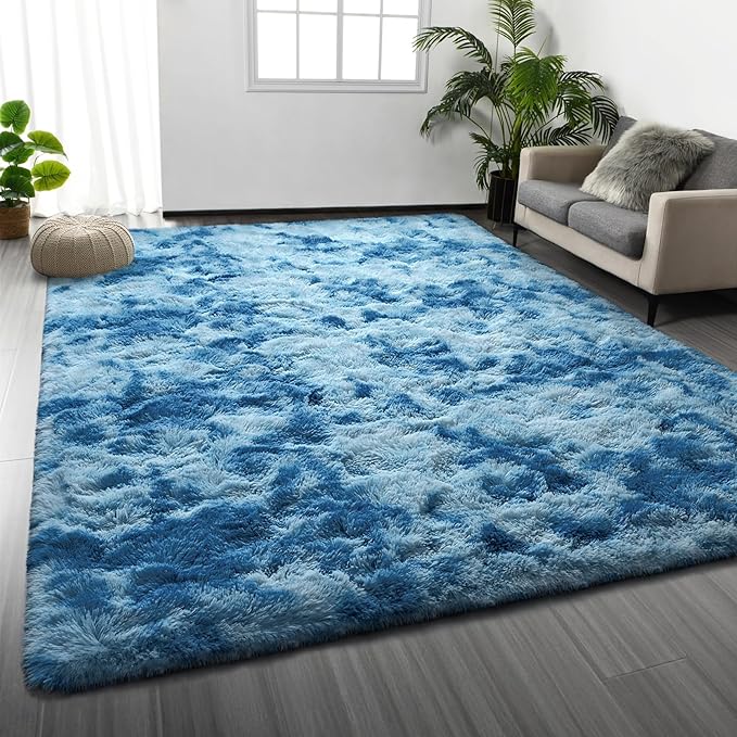 Deerhoo Shag Area Rug, 4 X 6 Tie-Dyed Plush Fuzzy Rugs for Living Room, Ultra Soft Fluffy Furry Rug for Bedroom, Indoor Carpet Nursery Rugs for Kids Room Home Decor, Bright Blue