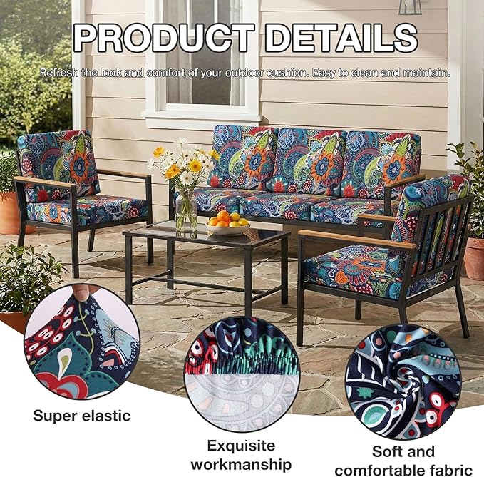 hyha 8Pcs Patio Cushion Covers, Stretch Outdoor Couch Cushion Covers Replacement, Washable Outdoor Chair/Sofa Slipcovers for Patio Furniture Cushions Protector with Elastic Bottom(Paisley,Cover Only)