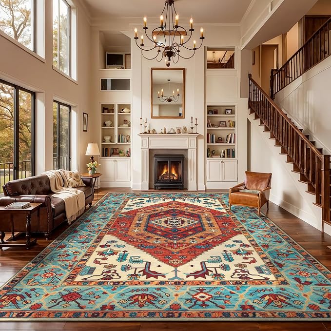 SERISSA Washable Rugs 9x12 Area Rugs, Large Non-Slip Boho Living Room Rug, Ultra Soft Vintage Orange Print Distressed Oriental Farmhouse Carpet for Dining Room Bedroom Dorm Office Home Decor