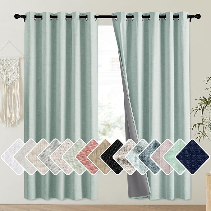 NICETOWN 100% Absolutely Blackout Linen Curtains with Thermal Insulated Liner, Seafoam Green, 62" Wide, 72" Length Energy Saving Curtains for Playroom 2 Panels Set, Vertical Blinds