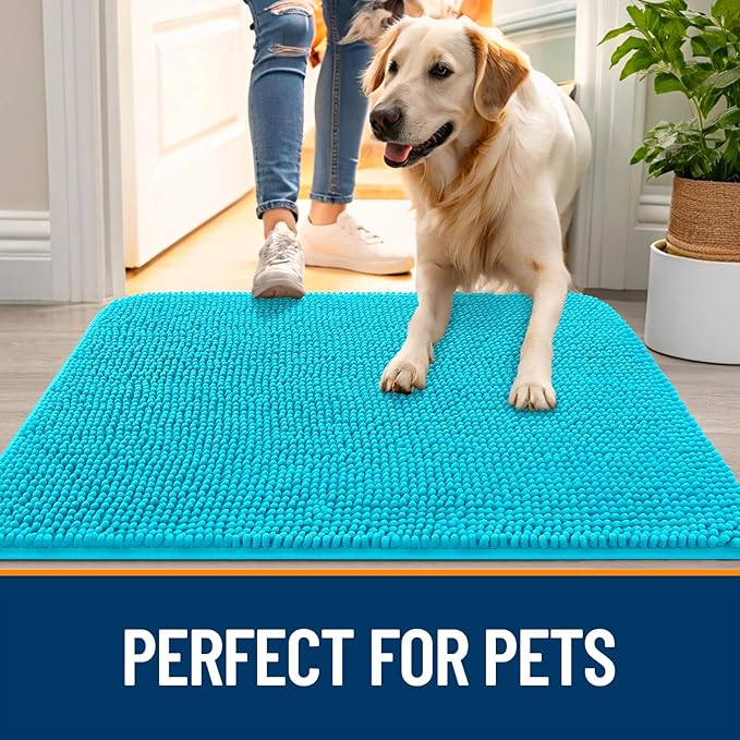 OLANLY Dog Door Mat for Muddy Paws 59x20, Absorbs Moisture and Dirt, Absorbent Non-Slip Washable Doormat, Quick Dry Chenille Mud Mat for Dogs, Entry Indoor Entryway Carpet for Inside Floor, Aqua Blue