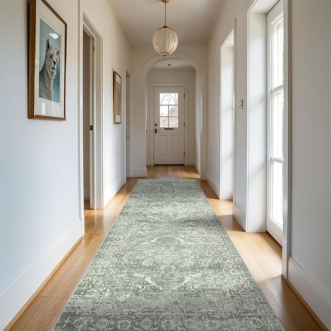 Hallway 3x10 Runner Rug - Vintage Non-Slip Long Rug Low-Pile Washable Medallion Runner Rugs for Hallway Waterproof Traditional Runner Rug Indoor Thin Rug for Kitchen (Muted Sage Green)