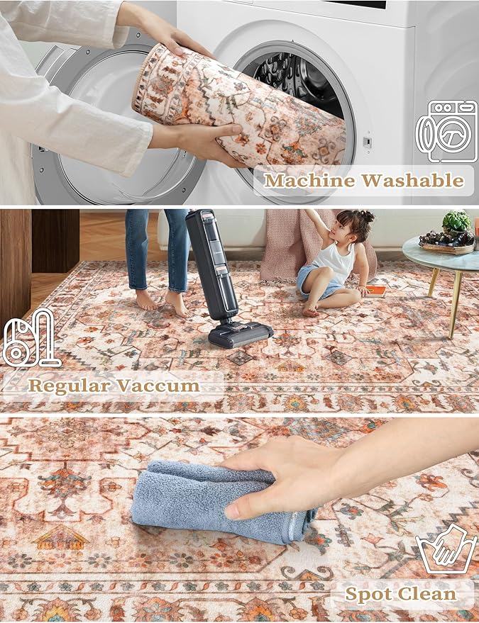 SERISSA Boho Washable Runner Rug, 2x5 Non-Slip Vintage Peach Cream Hallway Kitchen Runner Rug Ultra Soft Print Distressed Floor Carpet for Bedroom Bathroom Laundry Living Room