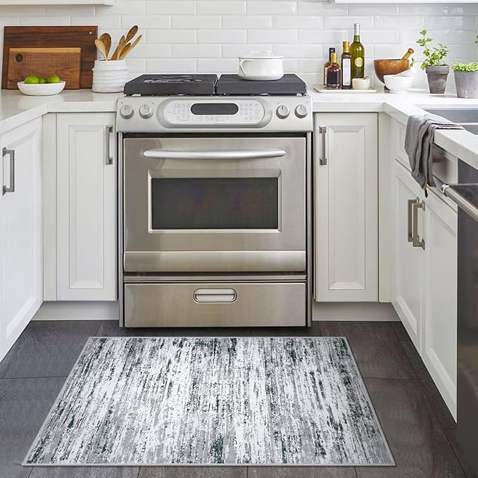Lansny Modern Abstract Entryway Rug Indoor 2x3 Washable Rug Non-Slip Soft Small Area Rug Black Grey White Kitchen Mats Thin Print Faux Wool Floor Carpet Throw Rugs for Entrance Bedroom Home Decor