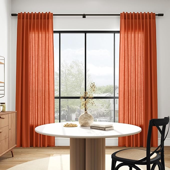 Bright Orange Curtains 63 Inches Long 2 Panel Sets for Living Room Bedroom, Light Filtering Linen Drapes for Kitchen Windows Rod Pocket or Back Tab Curtain,Semi Sheer 52x63
