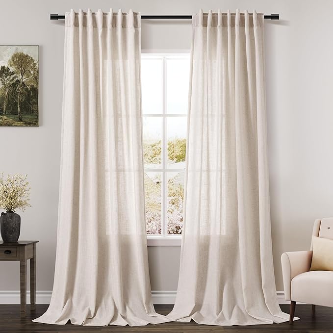 Beige Flax Linen Curtains 92 inches Long for Living Room 2 Panel Tan Burlap Textured Drapes Semi Sheer Privacy Window Curtain Vintage Country Rustic Farmhouse Drop Cloth Curtain for Dinning Room