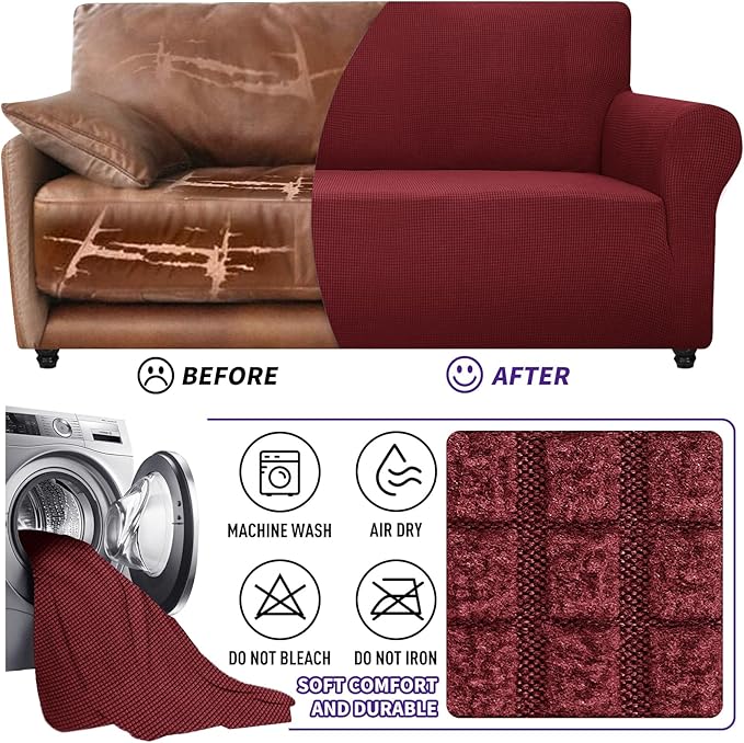 ZNSAYOTX Super Stretch Couch Cover (72"-92") Universal Sofa Covers with Elastic Bottom, Dog Cat Pets Friendly Washable Furniture Protector Fitted Sofa Slipcovers Stay in Place (Wine Red, Sofa)