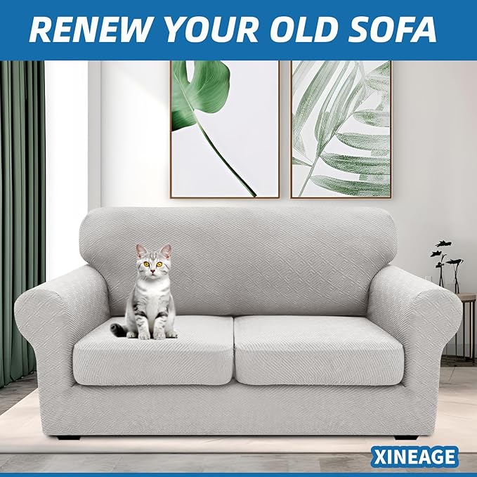 XINEAGE 2026 New 3 Pieces Couch Covers for 2 Cushion Sofa Super Stretch Loveseat Slipcover Pet Dog Universal Slip Cover Anti Slip Love Seat Furniture Protector (Silver Grey, 55"-69")