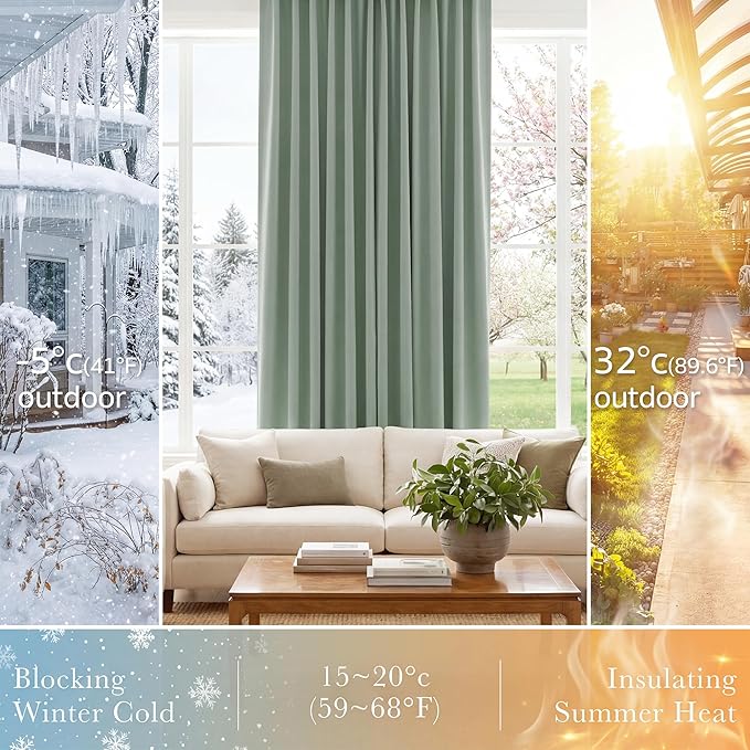 PONY DANCE Curtains Light Block - Thermal Insulated Back Tab Draperies Energy Saving/Short Window Covering for Bedroom Bay Windows, 42 Wide by 36 inch Drop, Sage Green, 2 Panels