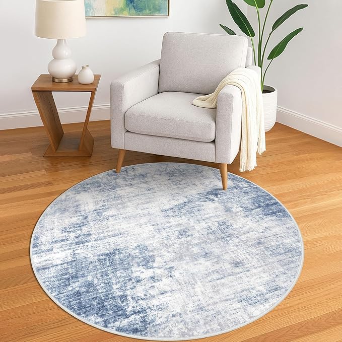 IOHOUZE Round Area Rug 5 Ft Circle Entryway Rugs Round Washable Door Mat Indoor Entrance, Non Slip Circle Front Door Rug, Printed Abstract Faux Wool Floor Carpet for Foyer Porch Sink, Light Blue Grey