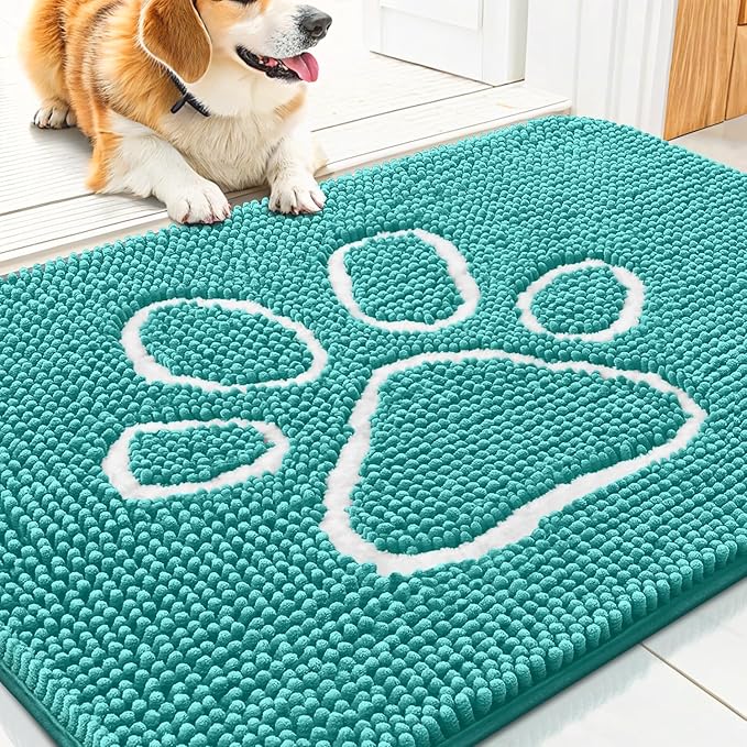 Smiry Dog Door Mat for Muddy Paws, Absorbent Dirt Trapper Non Slip Quick Dry Washable Chenille Mat for Mud Dogs, Entry Rug for Indoor and Outdoor (30x20 Inches, Turquoise and White)