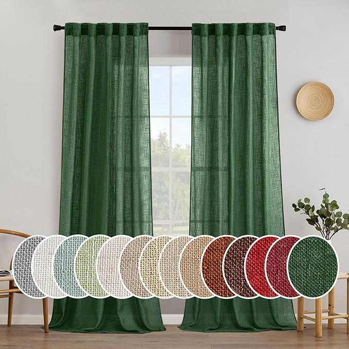 MIULEE Emerald Green Linen Curtains 90 Inch Long for Bedroom Living Room, Soft Thick Linen Textured Window Drapes Semi Sheer Light Filtering Rod Pocket Back Tab Christmas Burlap Look, 2 Panels