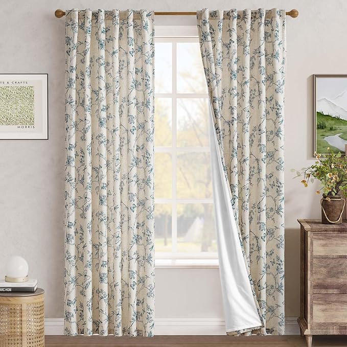 jinchan Floral Curtains Lined Linen Blend Curtain for Living Room 84 Inch Length Blue Flower Patterned Curtain French Country Farmhouse Curtains Drapes Back Tab Rod Pocket 2 Panels