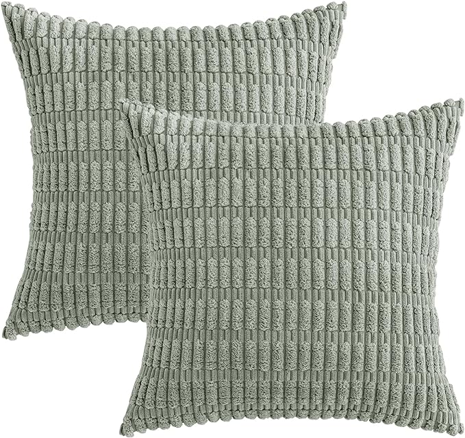 MIULEE Pack of 2 Spring Corduroy Decorative Throw Pillow Covers 16x16 Inch Soft Boho Striped Pillow Covers Modern Farmhouse Home Decor for Summer Sofa Living Room Couch Bed Greyish Green