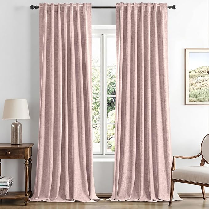 MIULEE 100% Blackout Linen Curtains for Bedroom, Pink Solid Luxury Decor Thermal Insulation Room Darkening Drapes for Living Room Nursery Back Tab Rod Pocket 42 x 96 Inches, 2 Panels