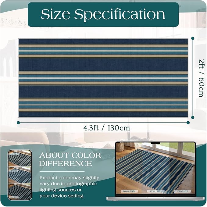 Front Door Mat Indoor Entrance - 2x4.3 Ft Striped Washable Welcome Layered Doormat Outdoor Entrance Porch Rug Non-Slip Navy Blue Coastal Runner Rug for Kitchen Bedroom Laundry Room Porch Decor