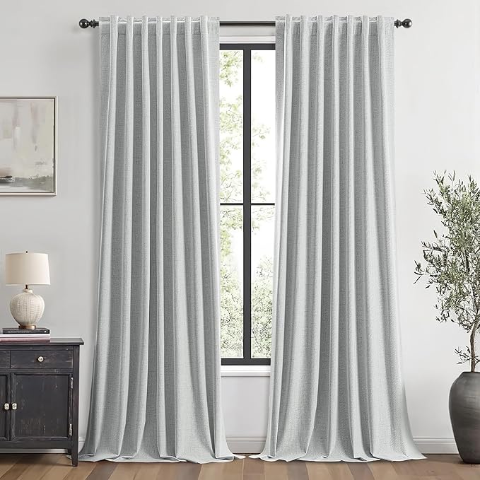MIULEE 100% Blackout Linen Curtains for Bedroom, Grey Solid Luxury Decor Thermal Insulation Room Darkening Drapes for Living Room Nursery Back Tab Rod Pocket 42 x 96 Inches, 2 Panels