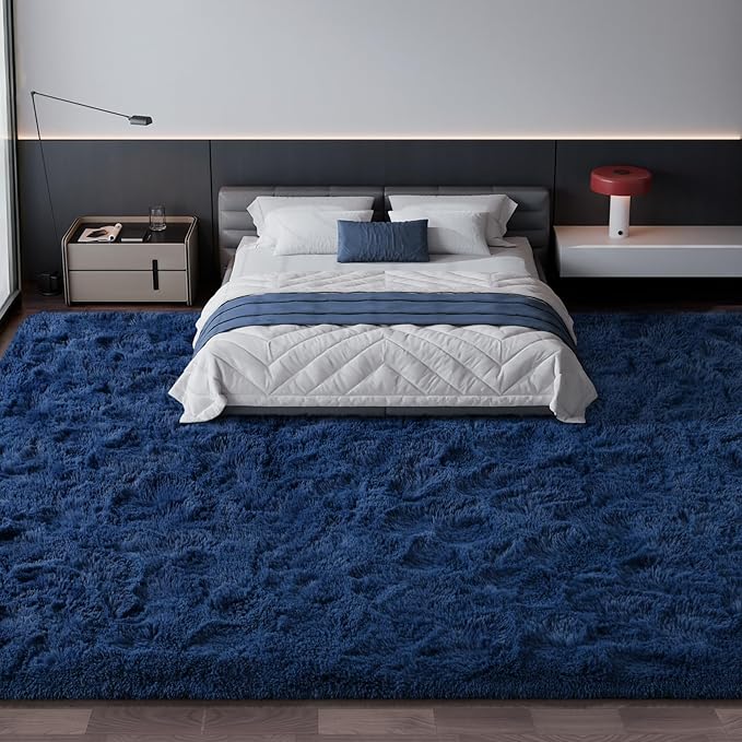 Deerhoo Large Shag Area Rugs 10 x 14, Plush Fuzzy Rugs for Living Room, Ultra Soft Fluffy Furry Rug for Bedroom, Anti-Skid Indoor Solid Carpet Nursery Rugs for Kids Room Home Decor, Navy Blue