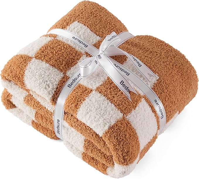 Bedsure GentleSoft Checkered Throw Blanket for Couch - Super Soft Cozy & Warm Knit Burnt Orange Blanket, Breathable, Lightweight & Fluffy Plaid Blankets for Bed, Sofa, Gifts for Women, 50x60 Inches