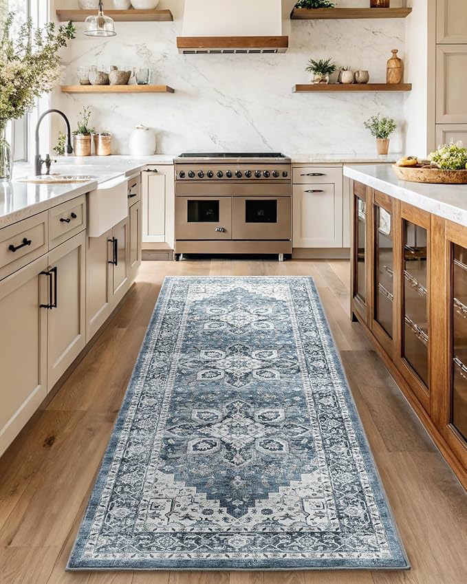 AMADA HOMEFURNISHING 2'6"x10' Washable Area Rug, Low-Profile Entryway Rug with Non-Slip Backing & Durable Edge Binding, Vintage Rug Pattern, Small Rugs for Entryway, Kitchen & Living Room