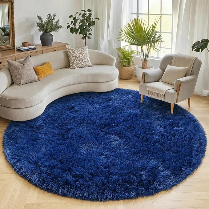 ONASAR Navy Blue Round Rugs 6ft for Living Room Bedroom, Fluffy Circle Area Rug for Kids Girls Boys Teen, Soft Plush Shaggy Carpet for Nursery Dorm Classroom Playroom Home Decor Aesthetic