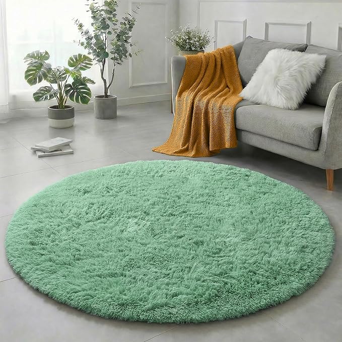 Amdrebio Sage Green Round Rug 6Ft for Living Room Bedroom, Fluffy Furry Circle Rugs for Nursery, Classroom, Baby Kids Room Decor, Cute Shaggy Area Rug for Teen Boys, Fuzzy Plush Light Mint Carpet