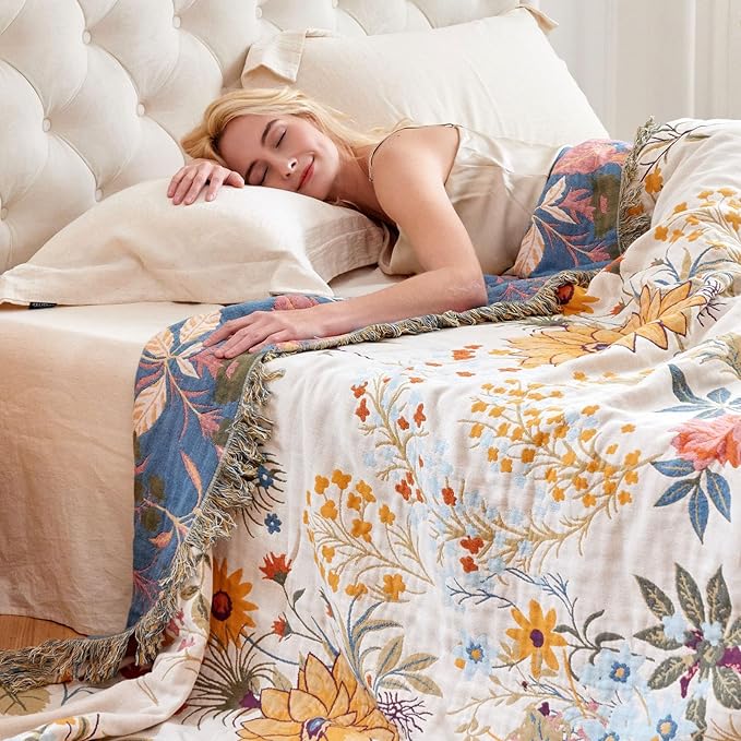 MSGKV Boho Throw Blanket for Couch Chair 100% Cotton Floral Blanket 50"x60" Sofa Blankets Lightweight Farmhouse Muslin Spring Breathable Bed Blankets Home Decor All Seasons