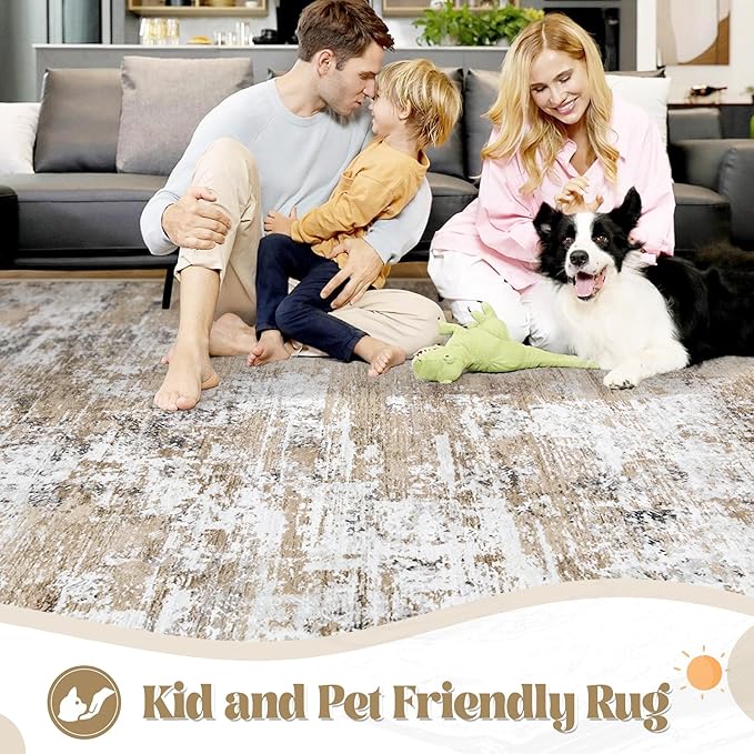 XLUEZ 8x10 Area Rugs for Living Room, Washable Modern Abstract Large Area Rug Neutral Soft Non Slip Kids Rug Stain Resistant Indoor Carpet for Bedroom Nursery Dining Room Playroom(Beige, 8'x10')
