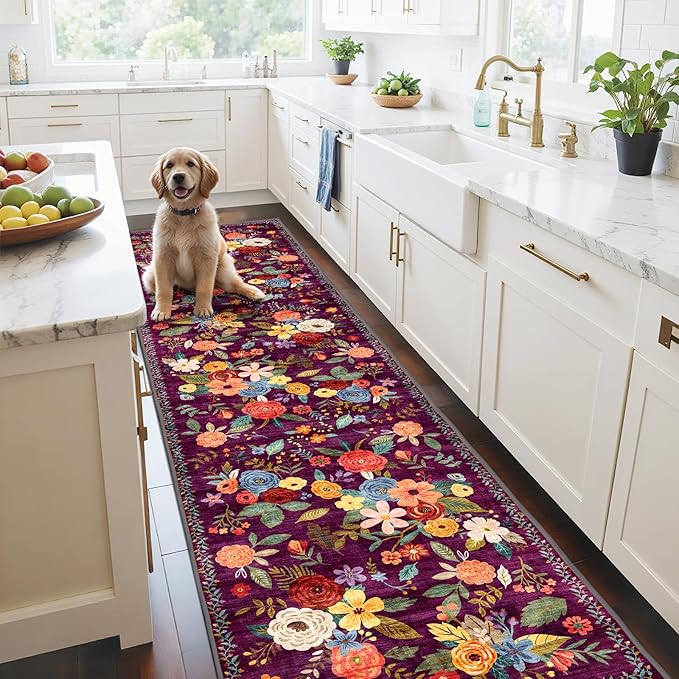 Rug for Hallways Kitchen Rug 2'6" x 14', Non Slip Washable Rugs with Rubber Backing Soft Floral Carpet Runner for Hallways, Kitchen, Laundry, Bedroom, Bathroom(2.6 x 14, Purple Lawn)