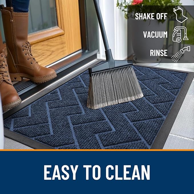 OLANLY Front Door Mat Indoor Outdoor Entrance, Waterproof All-Season, All-Weather Doormat, Sturdy Natural Rubber, Low Profile, Easy Clean Patio Porch Entryway Mat, Herringbone Brick (Blue, 59x23)