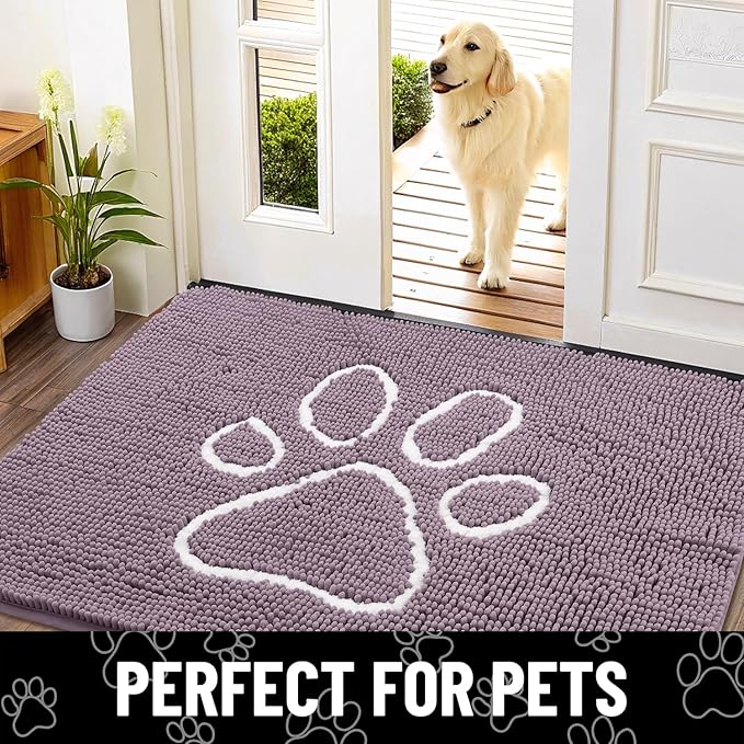 Smiry Dog Door Mat for Muddy Paws, Absorbent Dirt Trapper Non Slip Quick Dry Washable Chenille Mat for Mud Dogs, Entry Rug for Indoor and Outdoor (30x20 Inches, Deep Plum and White)