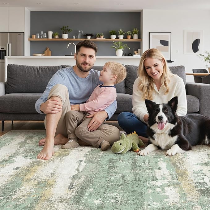 BEIMO Reversible 2x3 Rugs for Entryway Kitchen Bathroom, Modern Abstract Dual-Sided Area Rug, Machine Washable Soft Low Pile Indoor Mats, Includes Non-Slip Rug Pad, Green & Grey