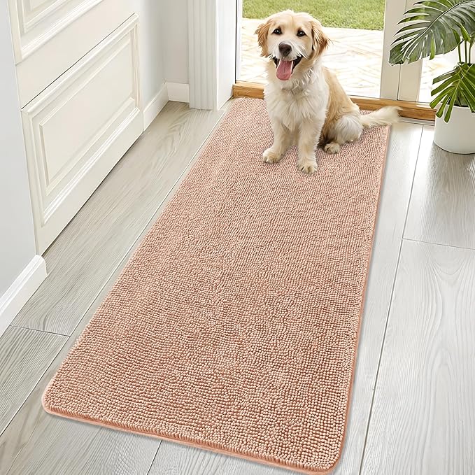 OLANLY Dog Door Mat for Muddy Paws 70x32, Absorbs Moisture and Dirt, Absorbent Non-Slip Washable Doormat, Quick Dry Chenille Mud Mat for Dogs, Entry Indoor Entryway Carpet for Inside Floor, Peach
