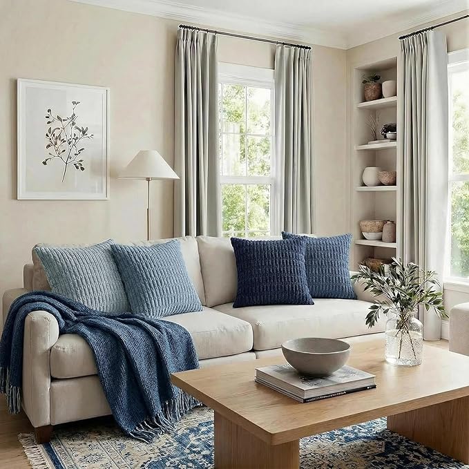 Fancy Homi Set of 4 Blue Boho Decorative Throw Pillow Covers 26x26 Inch for Couch Bed Sofa, Aesthetic Modern Bohemian Room Decor, Fuzzy Fluffy Cozy Corduroy Textured Coastal Blue Cushion Case 66x66cm
