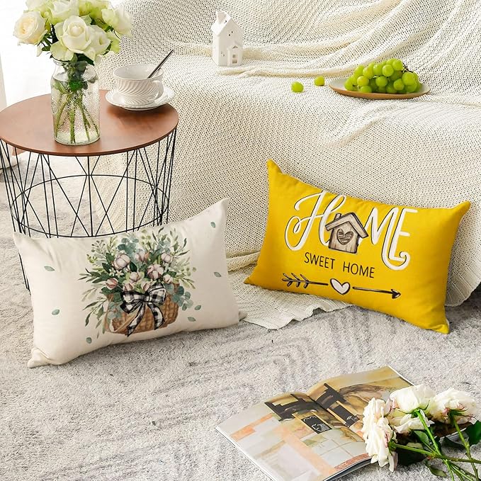 AVOIN colorlife Bless Our Home Farmhouse Eucalyptus Leaves Throw Pillow Covers, 12 x 20 Inch Yellow Truck Home Sweet Cushion Case Decorations Set of 4