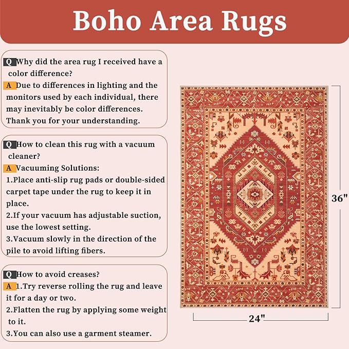 SERISSA Boho Rugs for Entryway, 2x3 Washable Non-Slip Entryway Rug Small Area Rug, Ultra Soft Oriental Vintage Red Low-Pile Indoor Door Mat Floor Carpet for Entrance Bedroom Kitchen Bathroom