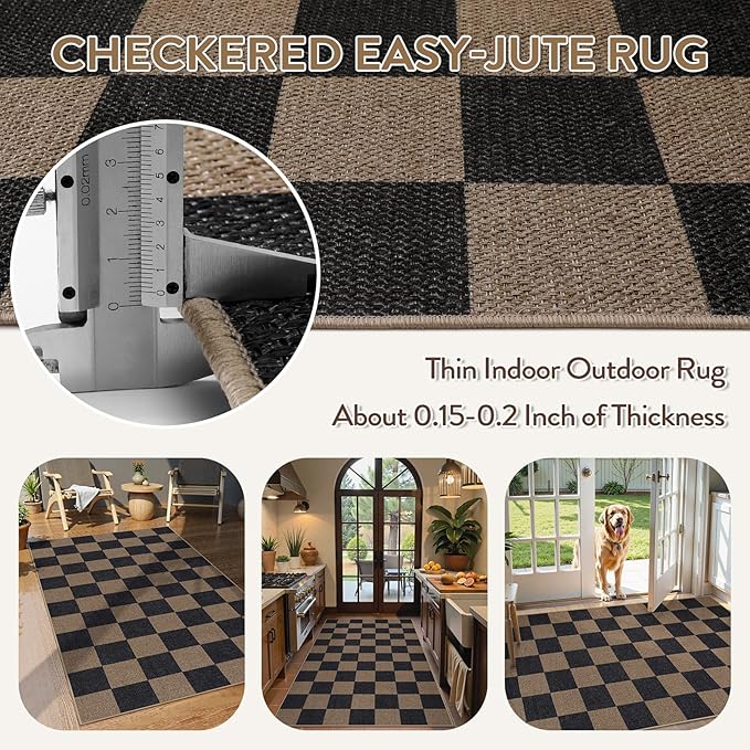 Lahome Colette Checkered Easy Jute 3x5 Rug, Washable Rugs for Living Room Entryway Farmhouse Non Slip Black Outdoor Carpet, Checkerboard Indoor Door Mat for Entry Patio Deck