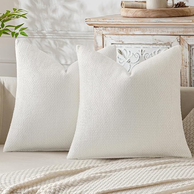 MIULEE Pack of 2 Couch Throw Pillow Covers 18x18 Inch Neutral Pure White Modern Boho Accent Decorative Pillow Covers Soft Chenille Farmhouse Cushion Covers for Home Decor Bed Sofa Living Room