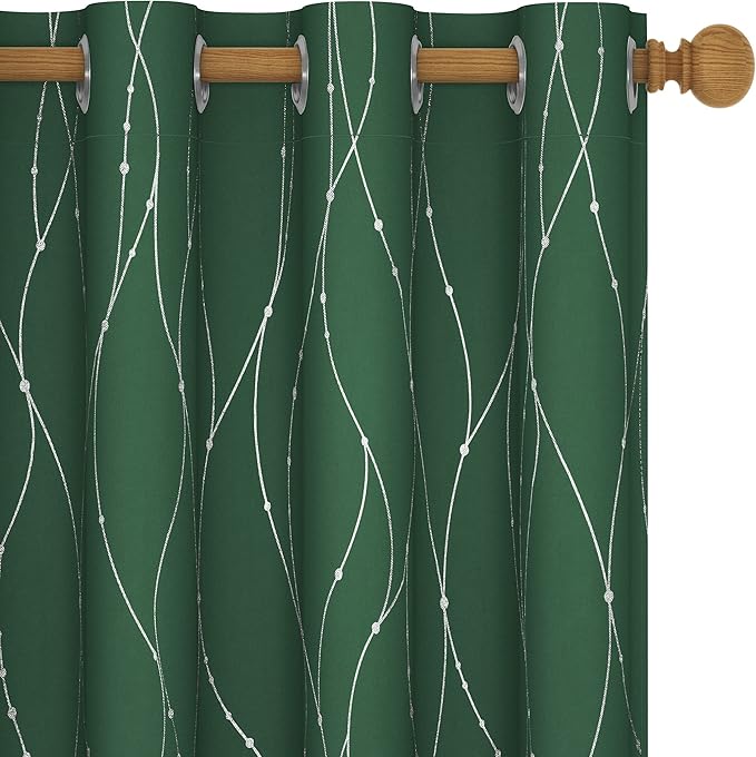 Deconovo Green Curtains, Christmas Blackout Drapes, Thermal Insulated Soundproof Drape, Wave Line Dot Foil Print, 52 x 84 Inch, 2 Panels, Machine‑Washable Window Panel for Living Room Kitchen Nursery
