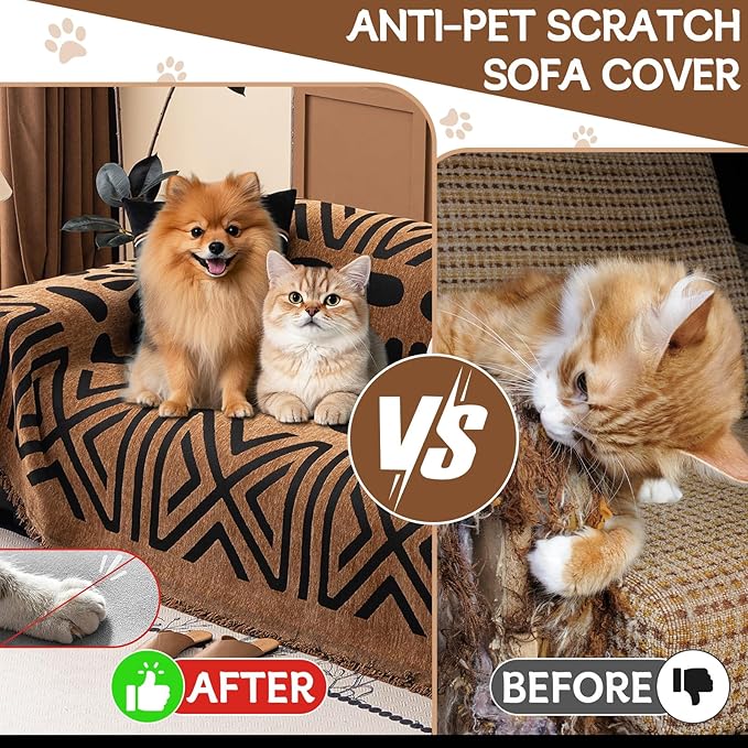 HANDONTIME Boho Couch Cover Geometric Striped Pet Covers for Couches and Sofas Copper Brown and Black Dog Cover for Couch Pet Friendly Chenille Sectional Sofa Covers for Pets Washable, 71" X 134"