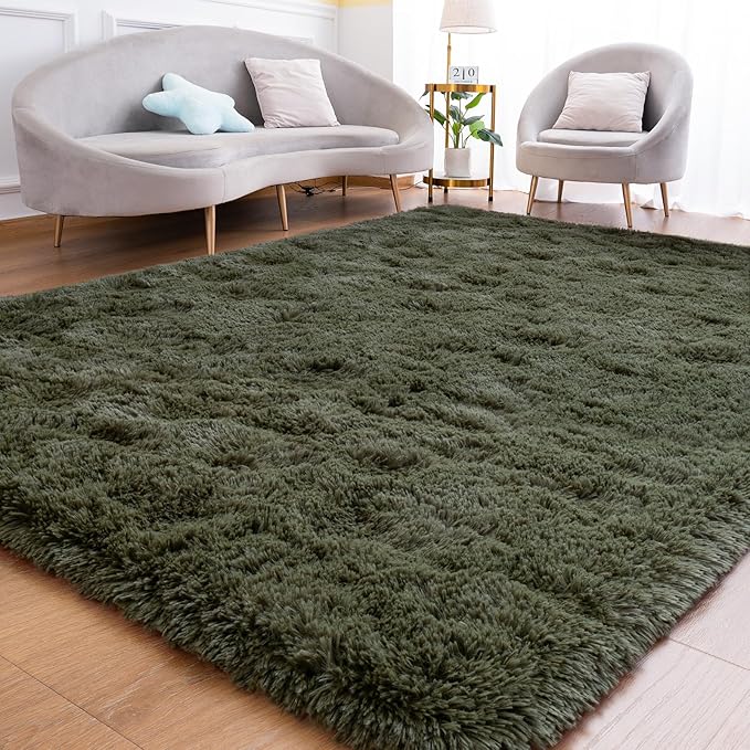 Goideal Fluffy Rug for Bedroom Living Room, 5x7 Olive Green Area Rugs, Faux Fur Shag Modern Carpet Ultra Soft Girls Boys Room Home Decor, Solid