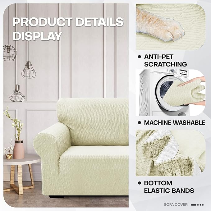 ZNSAYOTX 1 Piece Jacquard Couch Covers for 3 Cushion Couch High Stretch Sofa Cover for Pets Dogs Anti Slip Extra Large Sofa Slipcovers Furniture Protector (X-Large,New Pattern Light Beige)