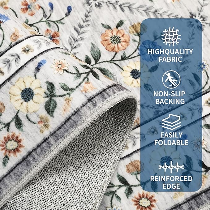 Washable Kitchen Rugs Non Slip 2x6 Hallway Runner Rug Stain Resistant Low Pile Floral Floor Rug with Rubber Backing Non Shedding Runners for Indoor Entryway Bedside Bedroom Farmhouse RV Grey Beige