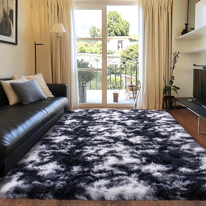 Black and White Rug for Living Room, 6x9 Area Rug for Bedroom, Bedside Indoor Floor Fluffy Shag Carpet, Plush Soft Rug for Boys Girls Kids Room Nursery Dorm Home Decor